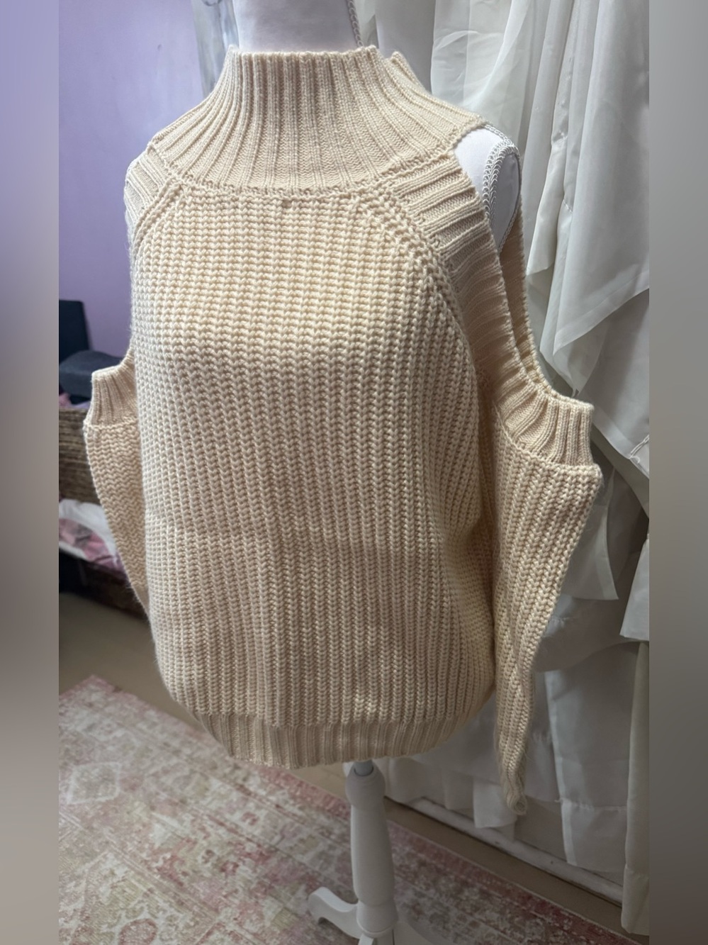 Tea n Cup Cream Off-Shoulder Ribbed Cold-Shoulder Sweater